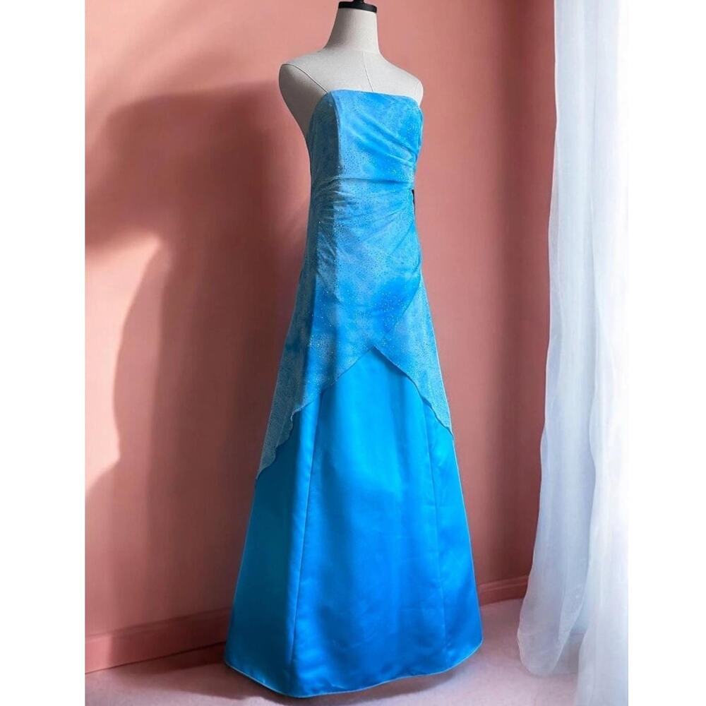 Vintage 90s Strapless Blue Gown | Mesh Overlay Bias Cut Dress | Formal Prom | M